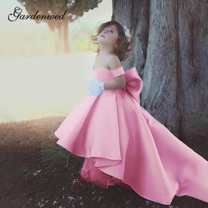 

Gardenwed Pure Satin Wedding Dresses Off Shoulder Scoop Baby Girl Princess Dresses A-Line Puffy Bow Ball Gown, Communion, Same as image
