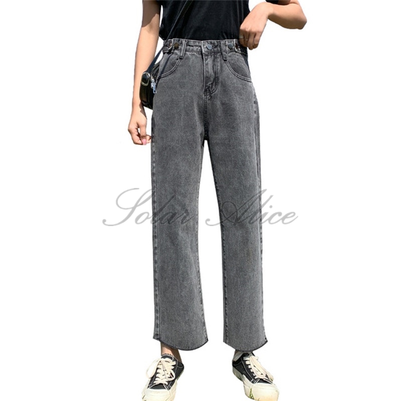 

Free Shipping 2020 Women' Summer New Thin Seasonal Ankle Length Straight Jeans High Waist Multi-buckle Cut Foot Casual Pants, Gray