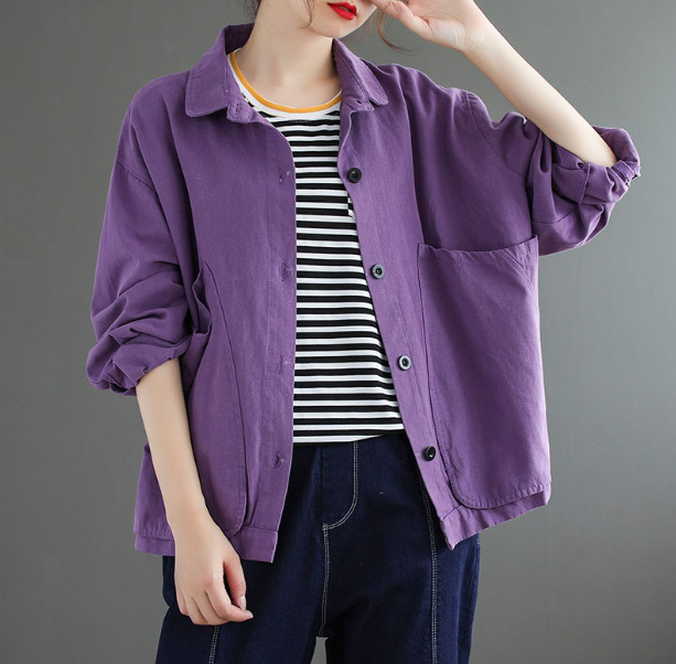 

Autumn Coat Long Sleeve Solid Color Purple Black Casual Cotton Outwear Fashion Big Pockets Loose Jackets Women Chaquetas Mujer