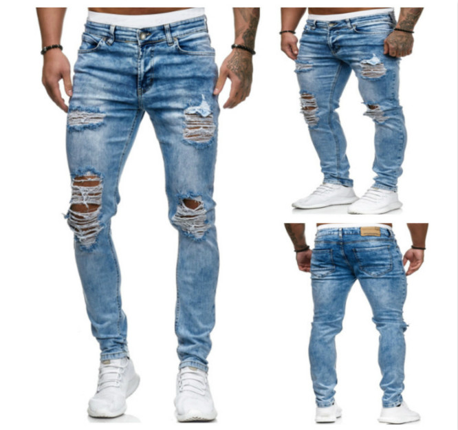 

Men Designer Jeans Mens Fashion Distrresses Hole Skinny Jeans Men Trend Solid Color Pencil Pants Boy New Designer Slim Long Pants, Blue
