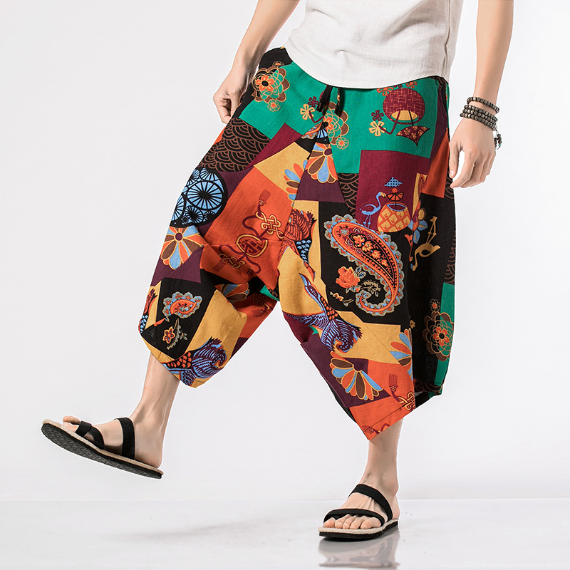 

Boho Style Men Print Flower Pant Loose Cotton Linen Beach Pants Oversize M-5XL Fashion Male Wide Leg Ethnic Pants Casual Clothes, Style f