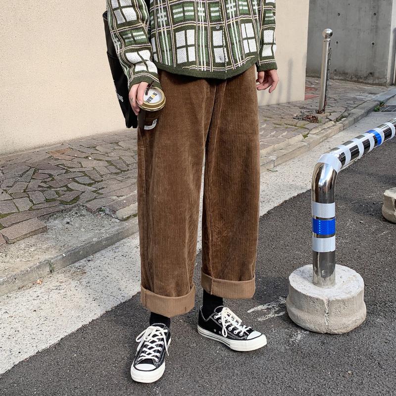 

2020 Autumn Men's Corduroy Fabric Wide Leg Pants Baggy Cargo Tactical Pants Straight Casual Streetwear Hip Hop Trousers, Green