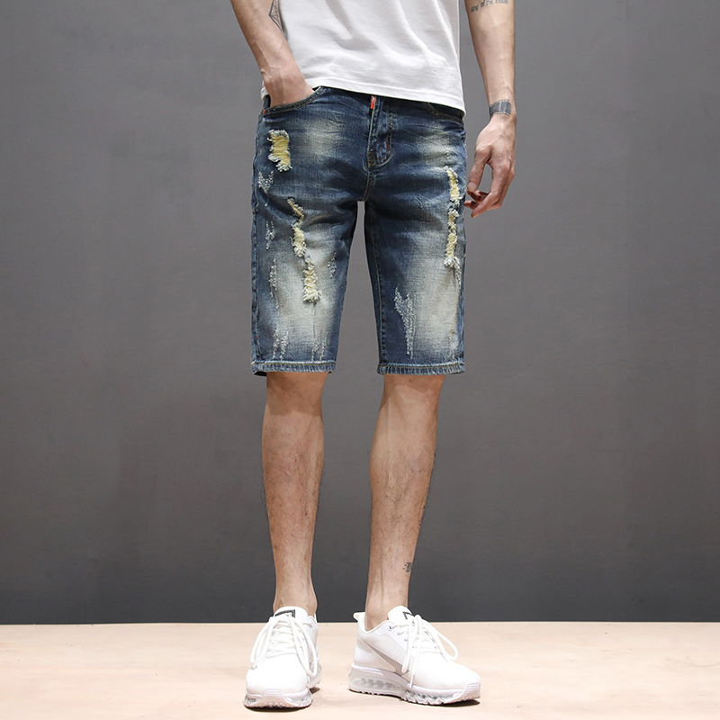

2020 summer new Large size Men's short ripped jeans Fashionable men's denim shorts stretch summer Brand clothing, Blue