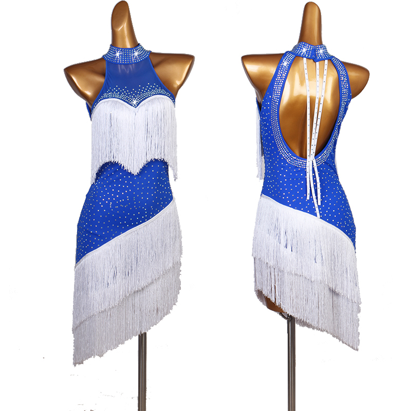 

2020 new White blue Latin Dance Dresses Women's Performance Spandex Crystals/Rhinestones Tassel Sleeveless Natural Dress