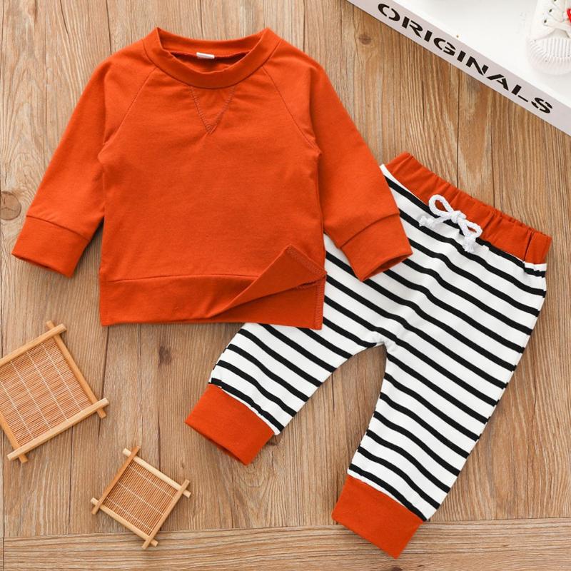 

2020 Baby Girls Boys Outfits Infant Newborn Clothes Set Solid Long Sleeve T-shirt Tops Striped Long Pants Set Baby Kids Outfit, Orange