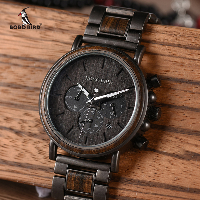 

BOBO BIRD Wood Men Watch Relogio Masculino Top Brand Luxury Stylish Chronograph Military Watches Timepieces in Wooden Gift Box CX200804, Black