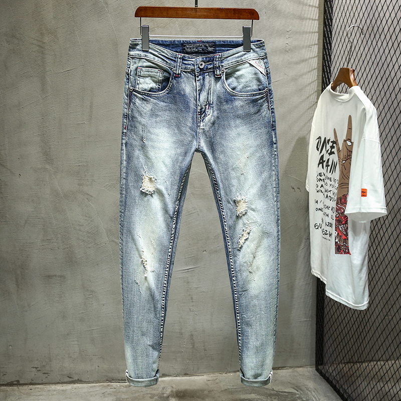 

Fashion Mens Jeans Retro Design Slim Fit Denim Ripped Jeans Mens Pants Brand Clothing Nostalgia Color Biker Small feet, Vintage blue
