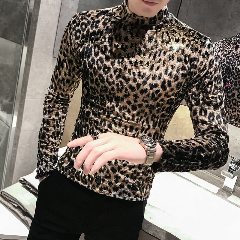 

2020 Fall Stylish Tee Long Sleeves Flannel T-shirts Casual Leopard High Neck Pullover Mens Velvet T Shirts Mens Velour Outfit, Leopard print