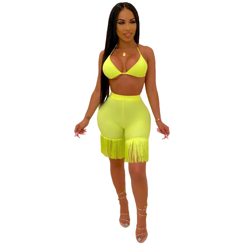

Summer Autumn Women Two Piece Set Top and Pants Plus Size Tracksuit Sweatsuit Outfit Solid Beach Bikini Sets Tassel, Orange