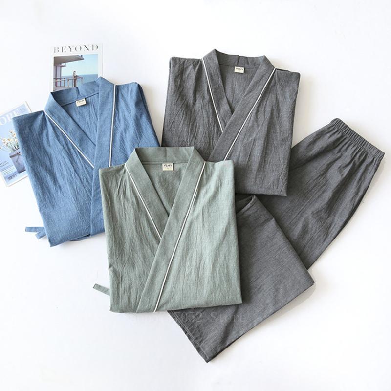 

Japanese Traditional Bathrobe Pajamas Sets Kimono Sleepwear for Man Solid Color V-neck Leisure Yukata Nightgown Homewear, Color1