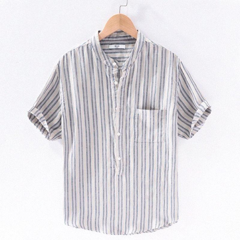 

2020 2020 Summer New Striped Pure Linen Shirt Men Brand Short Sleeve Shirts For Men Fashion Casual Shirt Mens Stand Collar Chemise 7hUU#, Coffee stripe