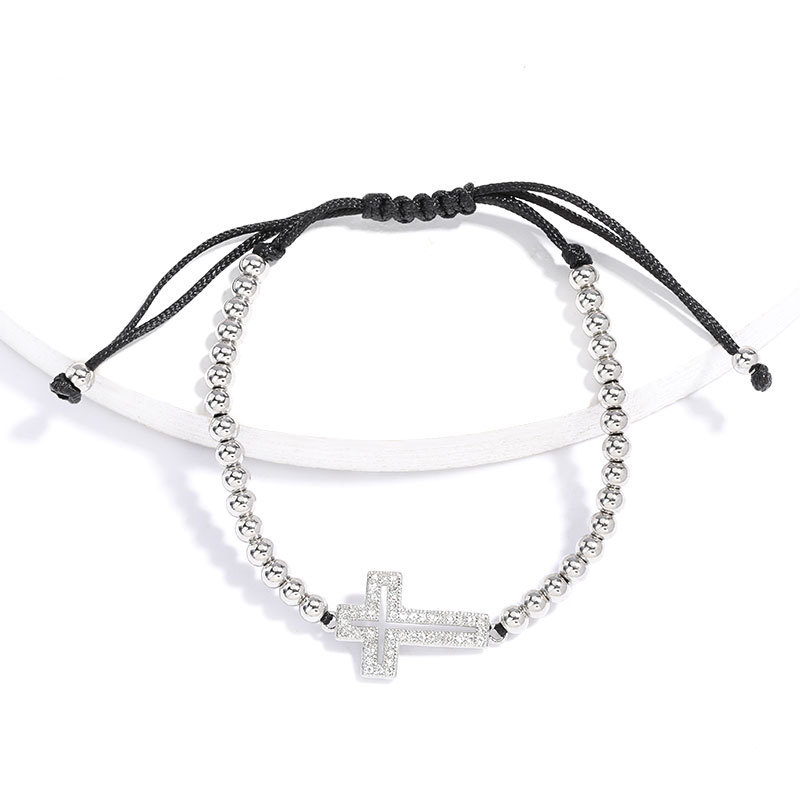 

Hot sale rhinestone Hollow Cross copper plated gold round bead string black rope woven bracelet women's net red