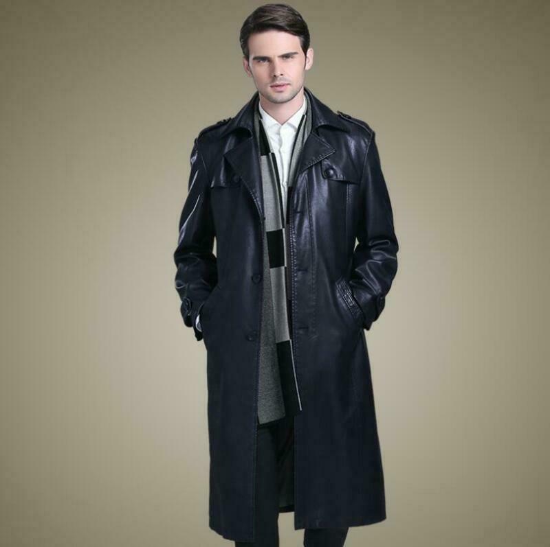 

Plover men's black long trench coat with winter PU leather JACekt jumper ACE-0006