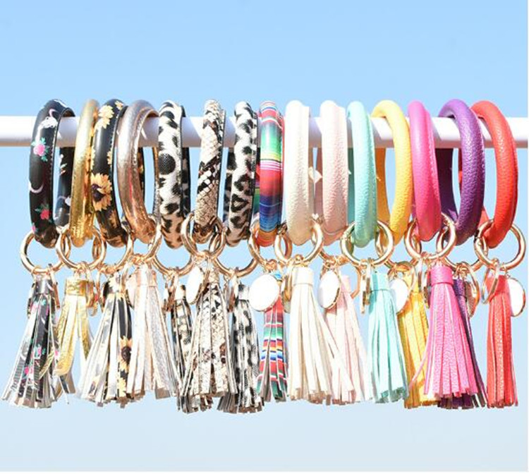 

Women Tassels Bracelets PU Leather Wrap Key Ring Leopard Lily Print Keychain Wristband Sunflower Drip Oil Circle Bangle Chains Epacket