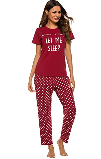 

Casual Daily Women Print Suits Wears Short Sleeve Round Collar Tops + Full Pants Two Pieces Sets For Women Homewear Sleepwear, Red