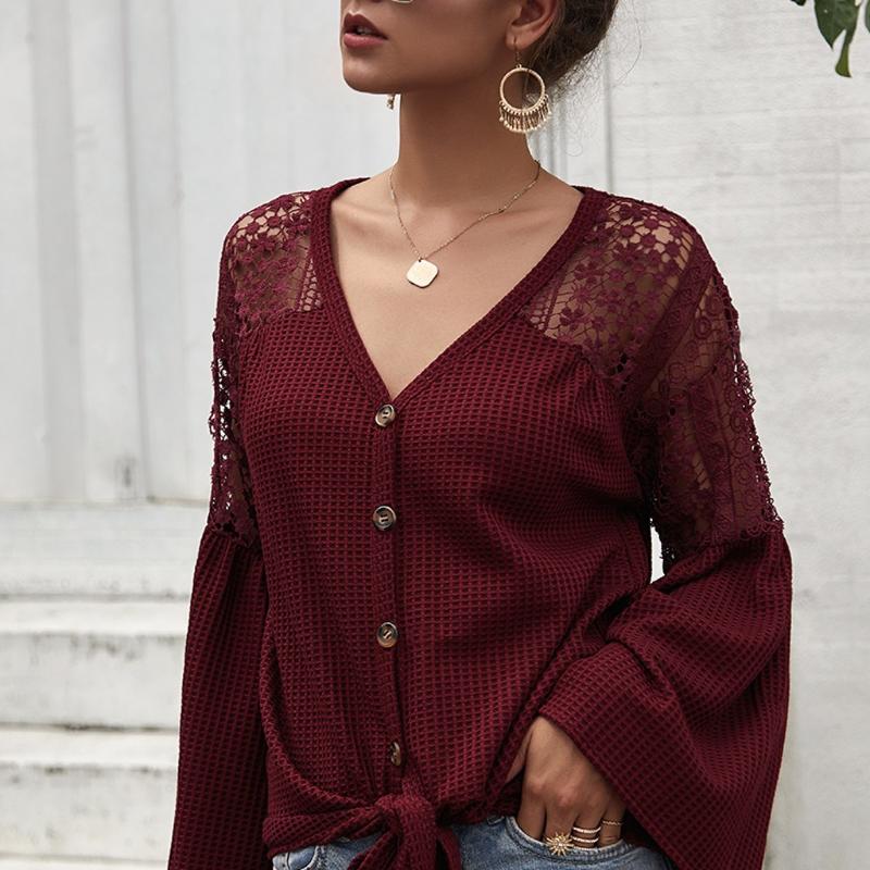 

Mesh Lace Women's Blouse Tops Red Long Sleeve Transparent Boho Women Shirt Summer Spring Shirts V-neck Sexy Blouse#0724LJC