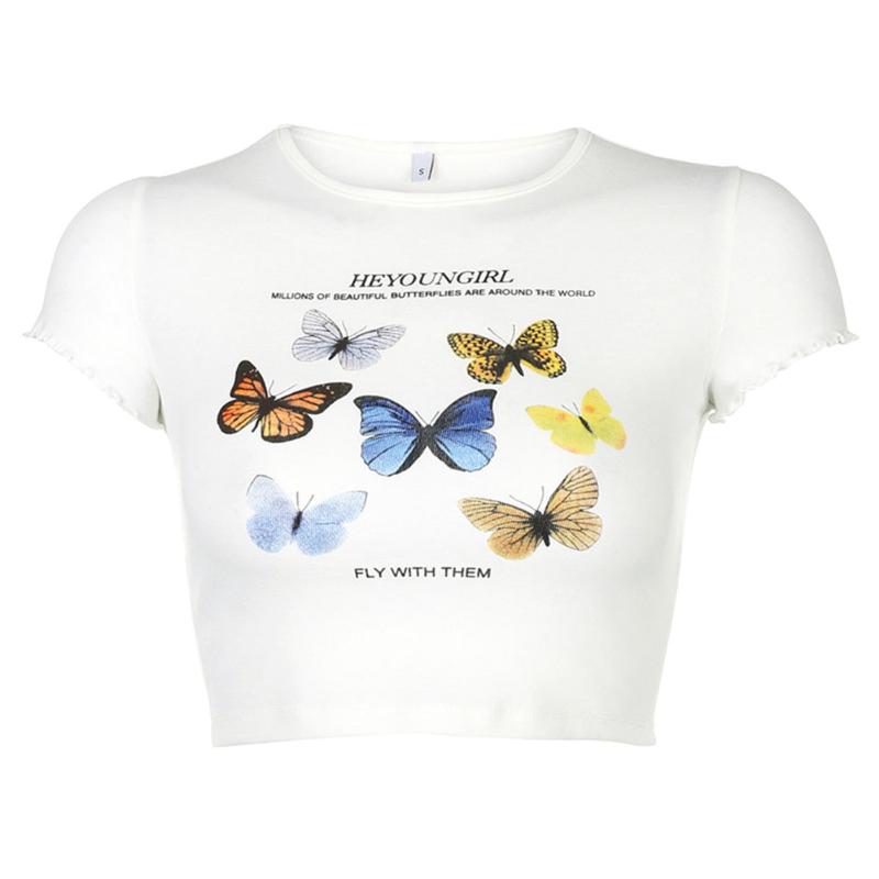 

Butterfly Printed Women Crop Tops Crew Neck Letter Short Sleeve Tees Navel Crop Top T-shirts, White