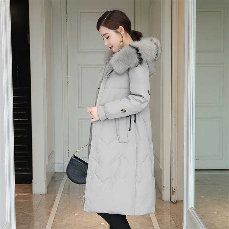 

Fashion Bee Embroidery Slim Drawstring Waist Winter Jacket Women Elegant Slim Long Hooded Down Parka Coat With Fur Collar Female, Black