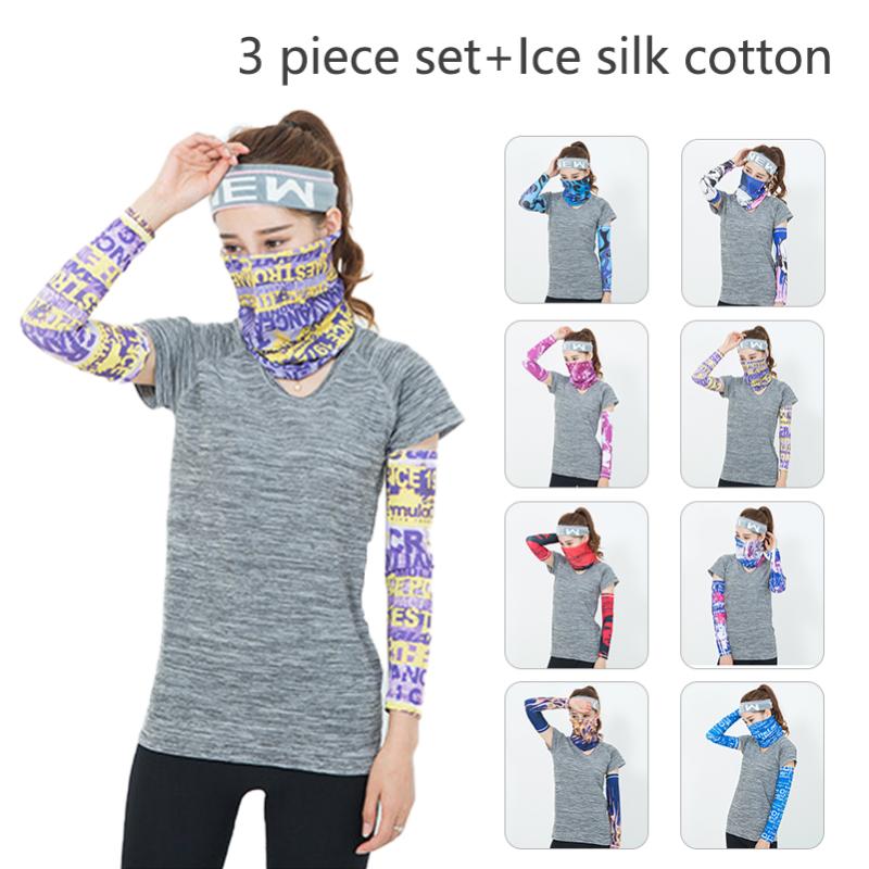 

3pcs a Suit Ice Fabric Arm Sleeves+Face Neck Scarf Outdoor Sports Riding Cycling Hiking Sports UV Protection Arm Sleeve Bands, 01
