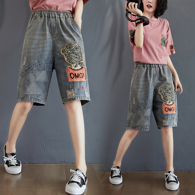 

Summer Women Loose Vintage Ripped Denim Shorts Office Lady Casual OMG Girl Funny Embroidery Female Slim Fit Straight Jean Shorts, Blue