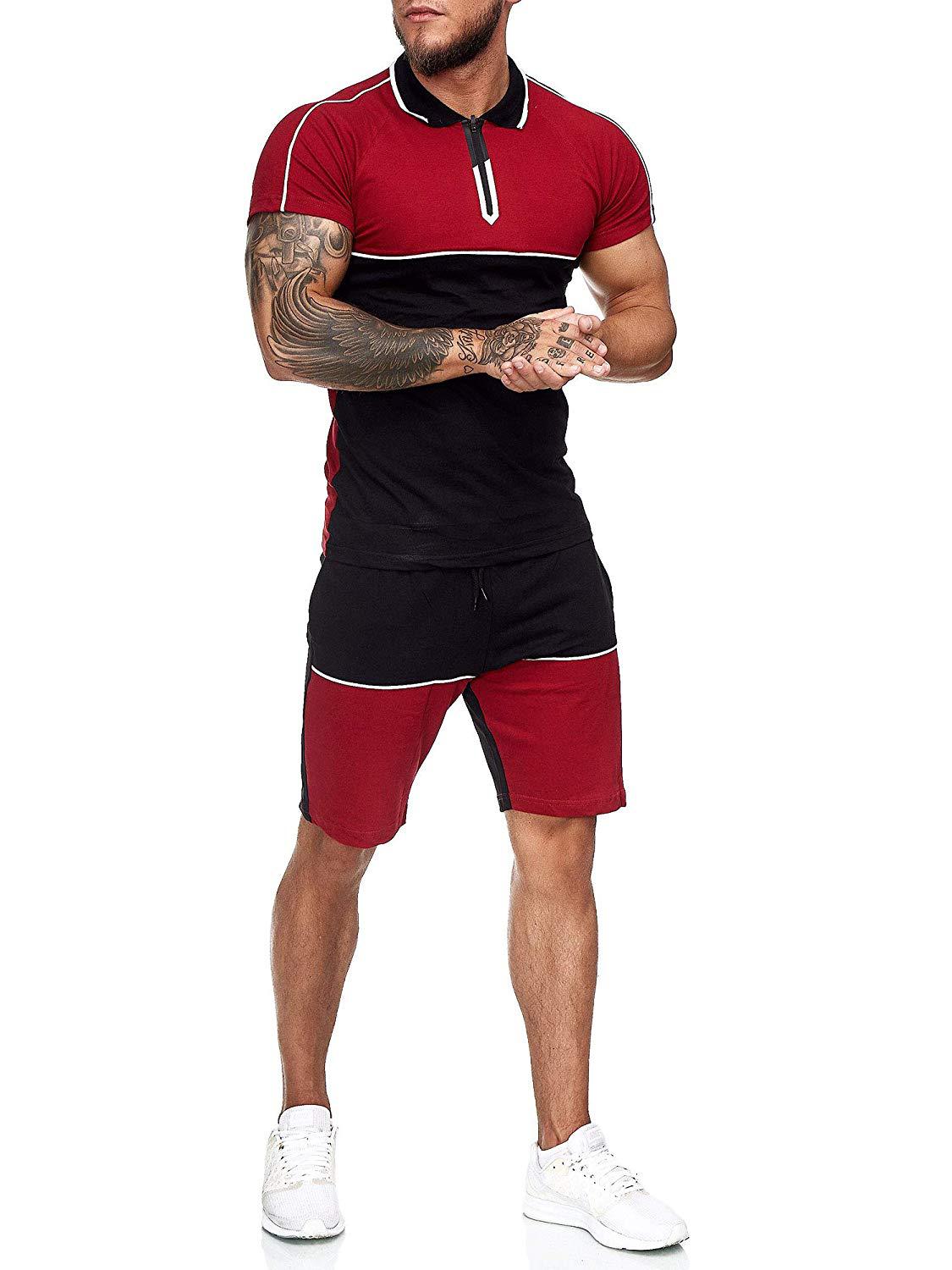 

5 Colors Mens Tracksuit Two Pieces Colorblock Slim Short Sleeve Sportswear Loose Casual Outfit Sport Set Fitness Shorts