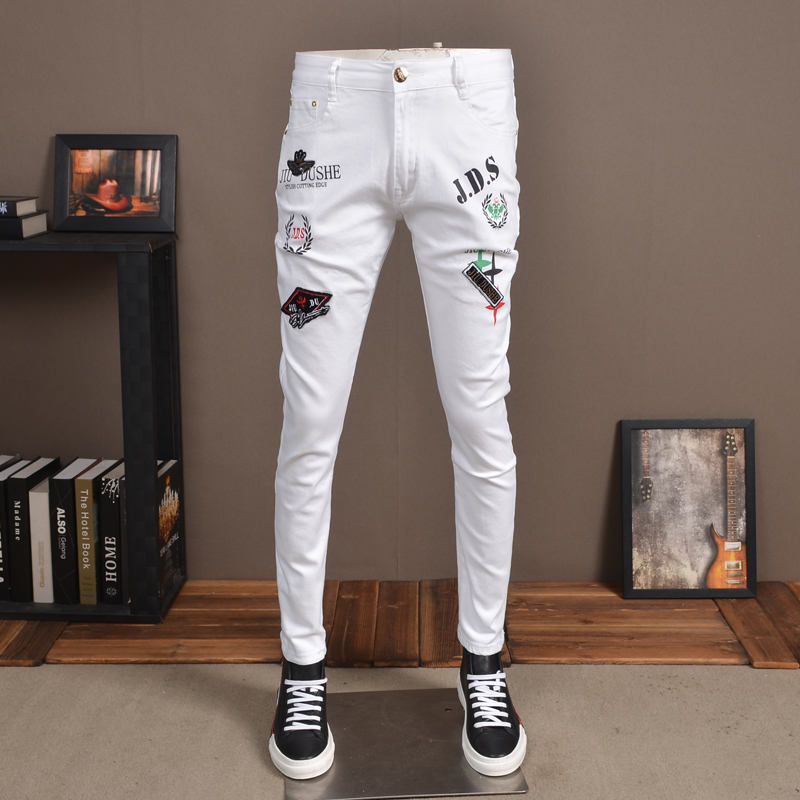 

Summer White Jeans Men Fashion Thin Printed Embroidered Stretch Slim Jean