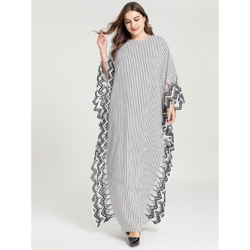 

lacework design striped batwing dress long sleeve abaya plus size kaftan ramadan robe african dashiki moroccan gown VKDR2091