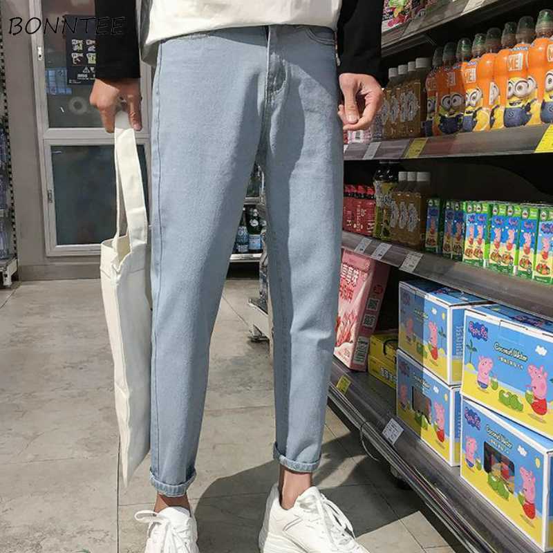 

Jeans Men Solid Slim Ankle-length Simple Fashion Streetwear Teens Harajuku All-match Chic Fit Straight Denim Trousers BF, Black
