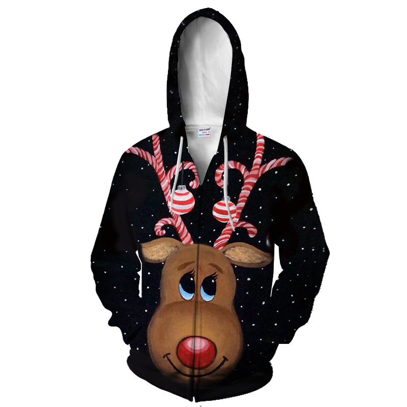 

Christmas Reindeer Series Casual Style 3D Print 3D Zip Hoodie Men's Hoodie Winter New Pullover Warm Jacket Black Sweatshirt, Lmlls-324