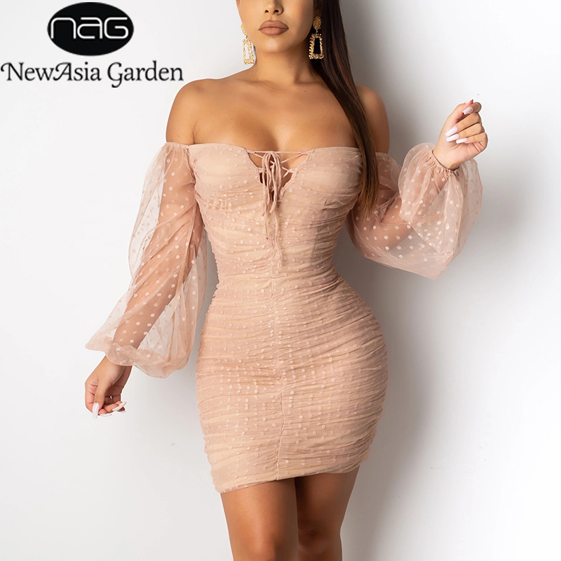 

NewAsia Garden Bodycon Party Dress Women Sheer Mesh Long Sleeve Front Lace Up Pleated Pink Dresses Vintage Polka Dot Casua Dress