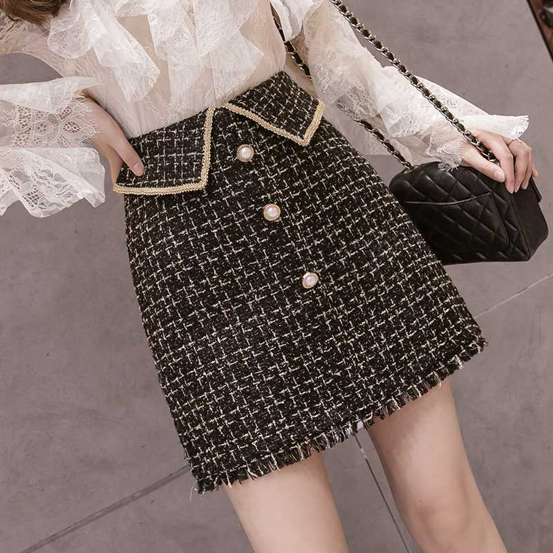 

Tweed Skirt 2020 Autumn Winter Women Korean Elegant Plaid Femme Cute Bottoms for Ladies A Line Short Mini Skirts, Black