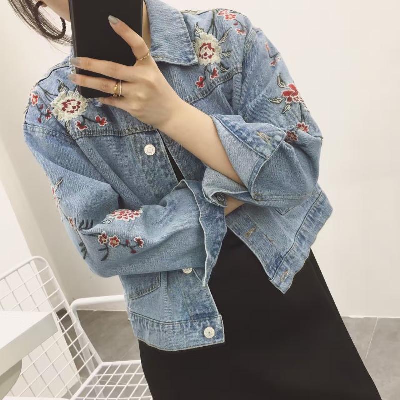 

Autumn and Winter Coat Fashion Denim Woman Slim Full Woman Jacket Flower Embroidery Pockets Button Female Jacket, Blue