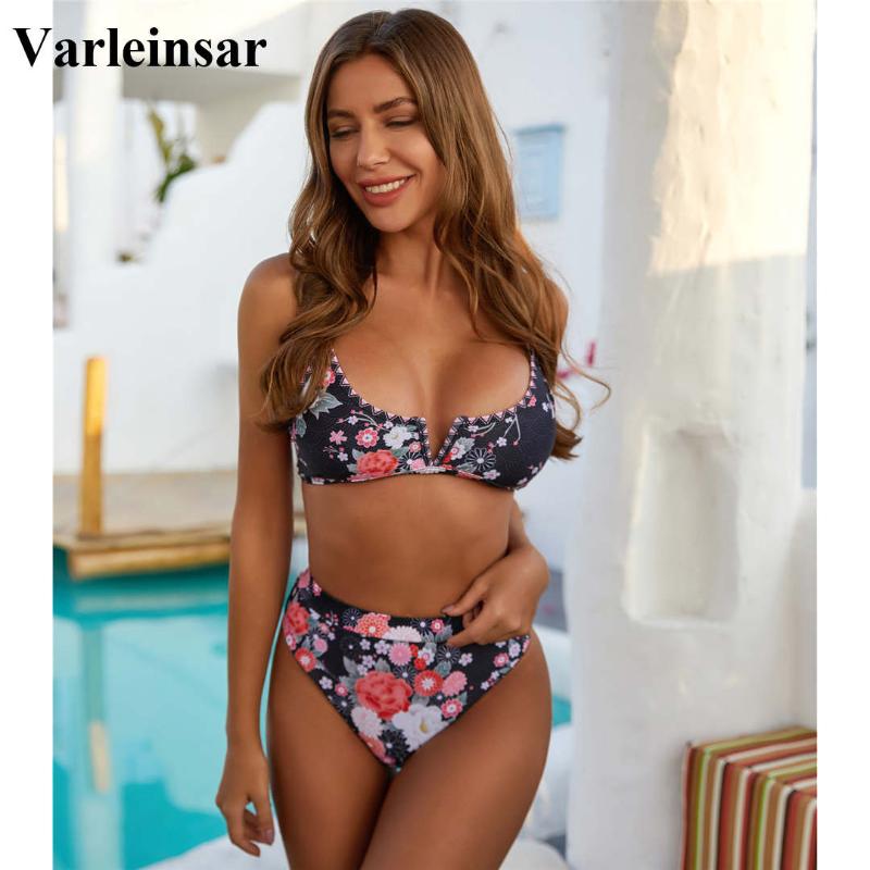 

New Sexy Floral Female Swimsuit High Waist Bikini 2020 Women Swimwear Two-pieces Bikini set Bather Bathing Suit Swim Lady V1821