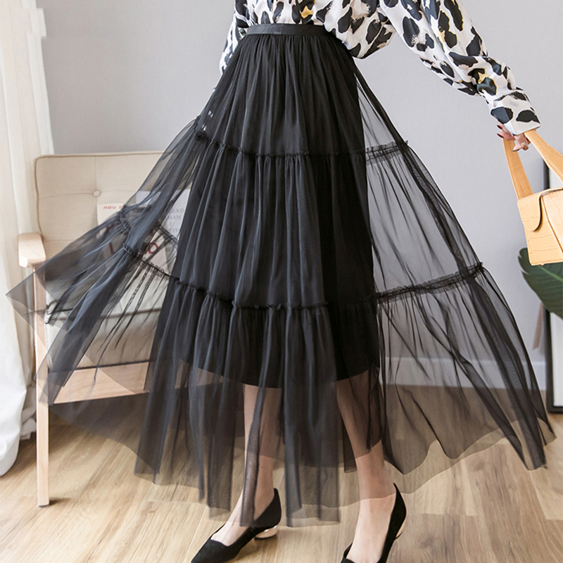

Tulle Skirts Womens Mesh Solid Color Elastic Waist Summer Skirt A-line Loose Slim Female Jupe Chic Tutu Long Skirts