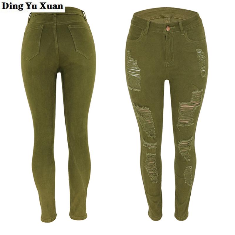 

Women' Ripped Skinny Jeans Army Green High Waist Knee Hole Slim Jeans Trousers for Women Black Red Autumn Distressed Jean Femme