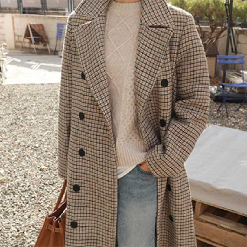 

New Winter Woman Fashion Woolen Cloth Coat Female Lattice Jacket Lady Double Breasted Outerwear Girl Lapel Long Overcoat, Apricot