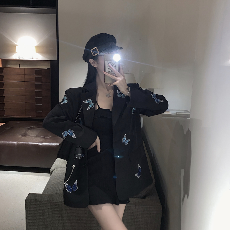 

Autumn 2020 women's new butterfly embroidered chain suit jacket women, Black