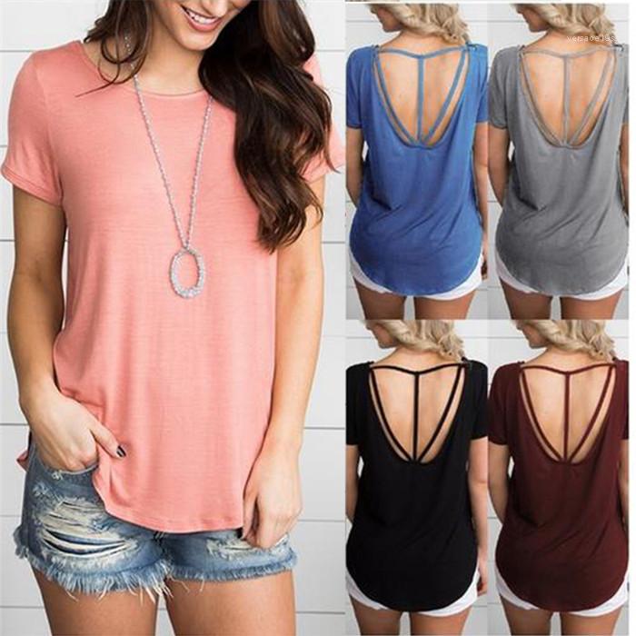 

Loose Short Sleeve Crew Neck Tees Famale Casual Summer Top Women Backless T Shirt Sexy Hollow Out