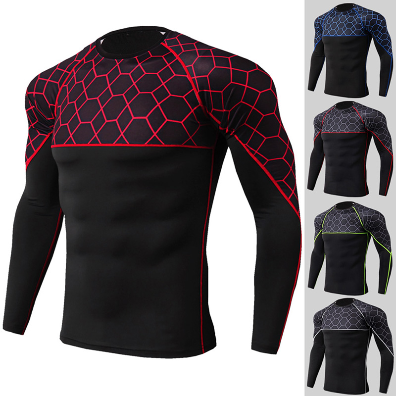 

Men Fitness Running Training T-shirt Long Sleeve Patchwork Elastic Quick Dry Tee Tops Tights Sportswear New Arrival, Red