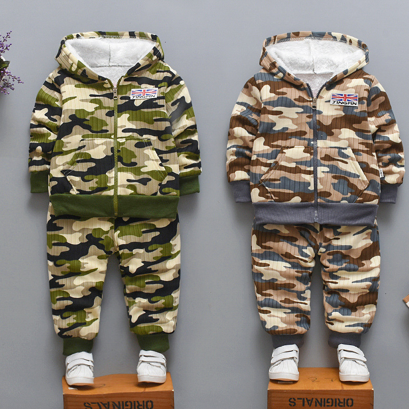 

New Children Warm Fleece Baby Boys Clothing Sets Autumn Winter Toddler Long Sleeve 2pcs Clothes Suits Camouflage Kids Tracksuits, El micaif green