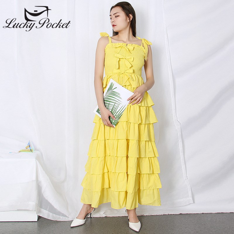 

Women Summer Fashion Solid Color Suspender Ankle-Length Dress Famale Casual Yellow Bow Dresses Ladies Slim New Vestidos ML111, White