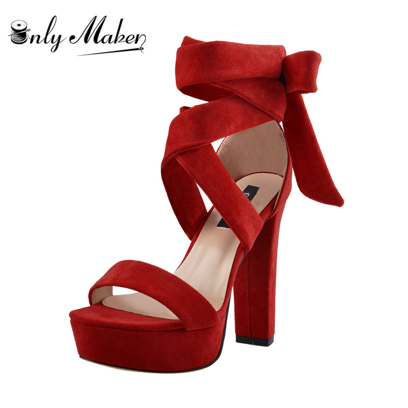 

Onlymaker Women's Platform Chunky High Heel Red and Black Sandals Peep Toe Ankle Strap Single Band Shoes For Summer, P90328b