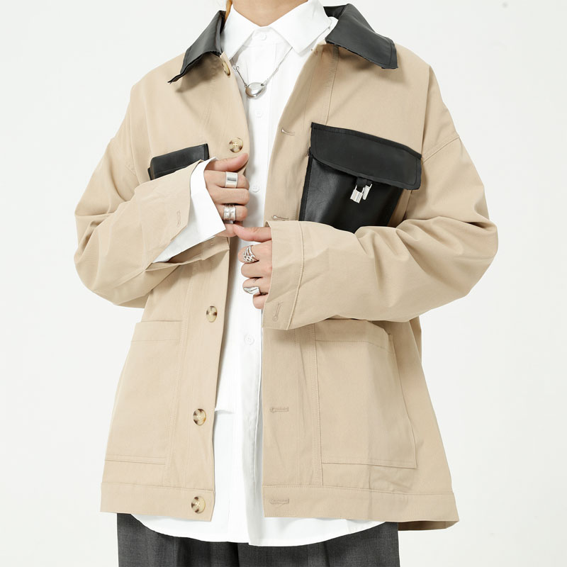 

Male Autumn Spring Streetwear Vintage Fashion Coat Outerwear Men Leather Pocket Splice Casual Loose Cargo Jacket, 2112