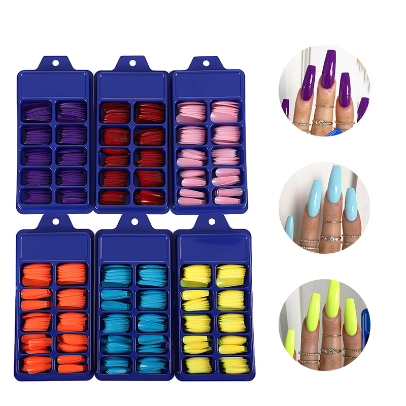 

100pcs/box Artificial Press On False Nails Full Coverage Fake Nail Long Ballerina Red/yellow/blue/pink False Coffin Nails Tips, 06