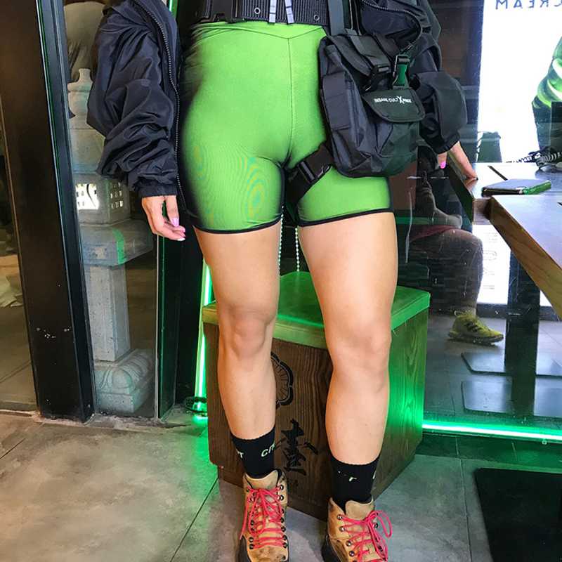 

V Type Waist Black Net Fluorescent Green Stitching High elasticity Buttocks Raise Buttocks Five Points And Half Shorts, Color-1