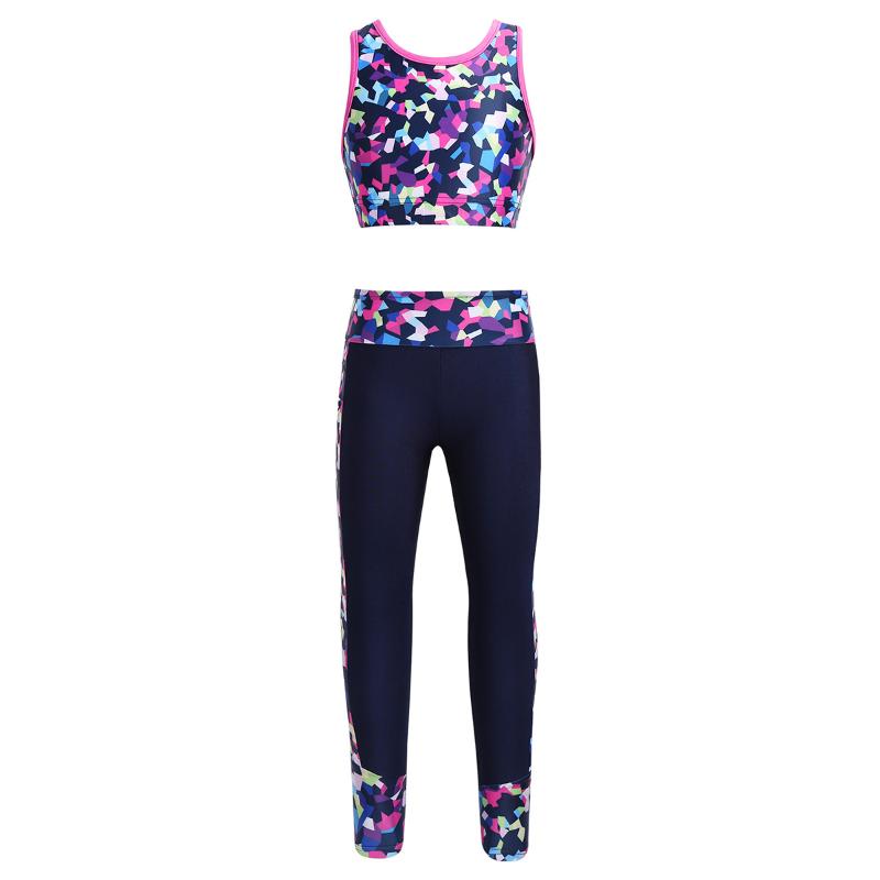 

New Kids Girls Clothes Gymnastics Dancewear Outfit Digital Print Sleeveless Mesh Racerback Tanks Crop Top with Leggings Pants, Rose red
