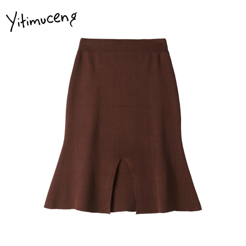 

Yitimuceng skirts womens korean harajuku knitted casual A-Line knee-Length empire office lady vintage split skinny women skirt, Black
