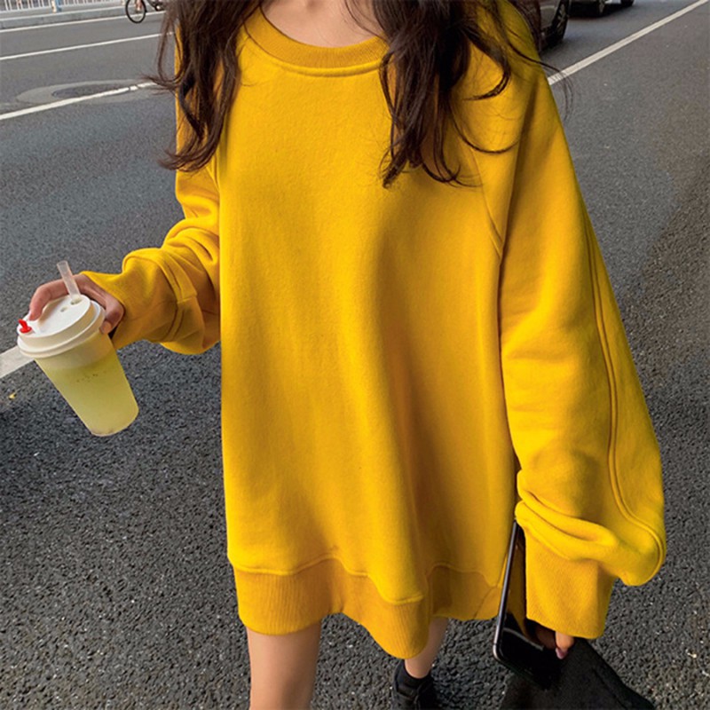 

Women Autumn Solid Color Long Sweatshirt Harajuku Style Round Neck Long-sleeved Pullover Yellow Green Red Hoodie 2020
