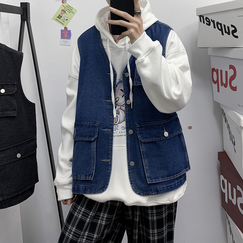 

Korean Style Men' Denim Vest Coat Sleeveless Jackets Men Blue Black Washed Vintage Multi-pocket V-Neck Casual Jeans Vest Male