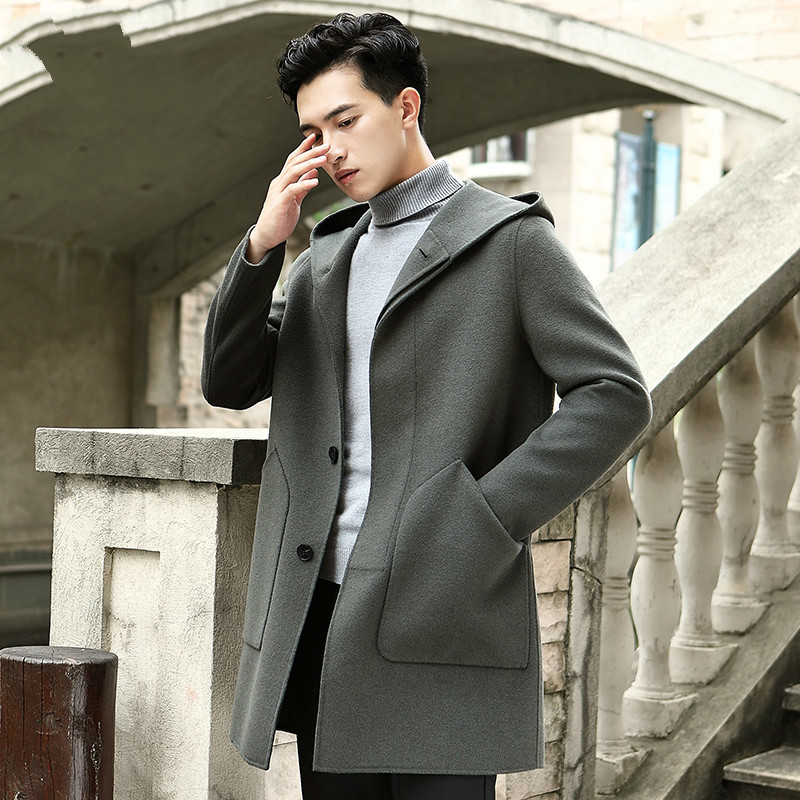 

Spring Wool Coat Hooded Double-sided Woolen Long Jacket Men Peacoat Overcoat Windbreaker Abrigo Hombre T-24-069 KJ1388, Black